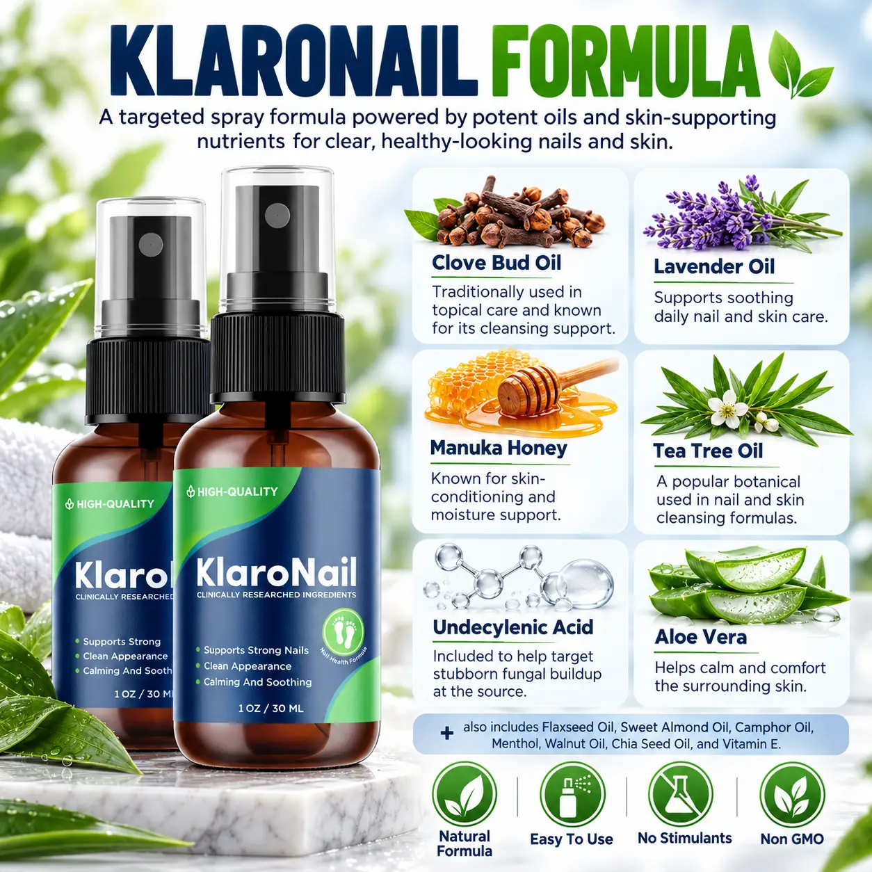 KlaroNail formula overview: Clove Bud Oil, Lavender Oil, Manuka Honey, Tea Tree Oil, Undecylenic Acid, Aloe Vera and more